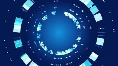 Soyut yuvarlak çerçeve. 2 boyutlu animasyon. Mavi arka plan ve kareler. Teknolojik video görüntüleri. Hareket tasarımı. 4K.