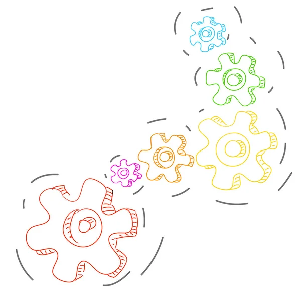 Muchos color Cogwheel cadena girando — Vector de stock