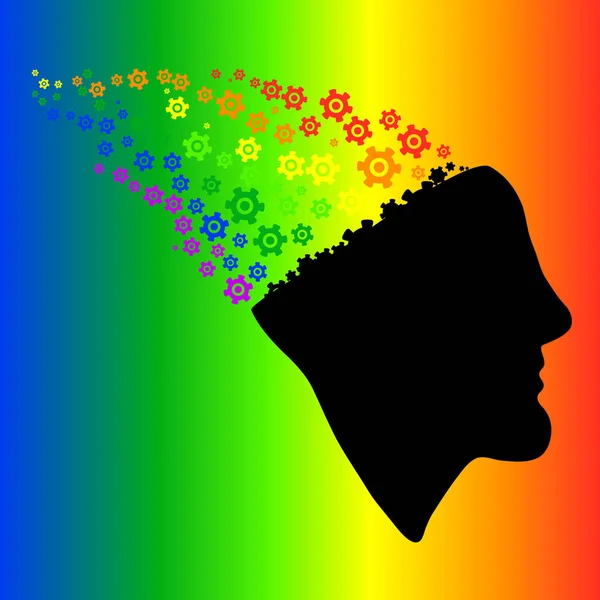 Silueta arco iris de la cabeza, el cerebro y los engranajes de engranajes Vector Illu — Vector de stock