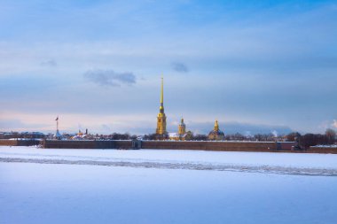 Kış, Peter ve Paul Katedrali, altın spire, cityscape Saint Petersburg'da