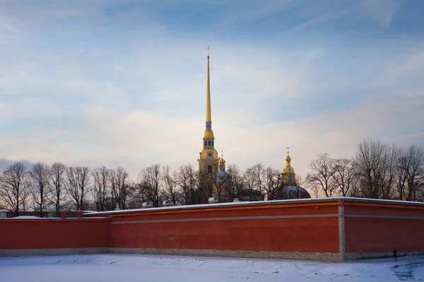 Saint Petersburg in winter, Peter and Paul Fortress, the golden spire of the cathedral against the blue sky — Stock Photo, Image