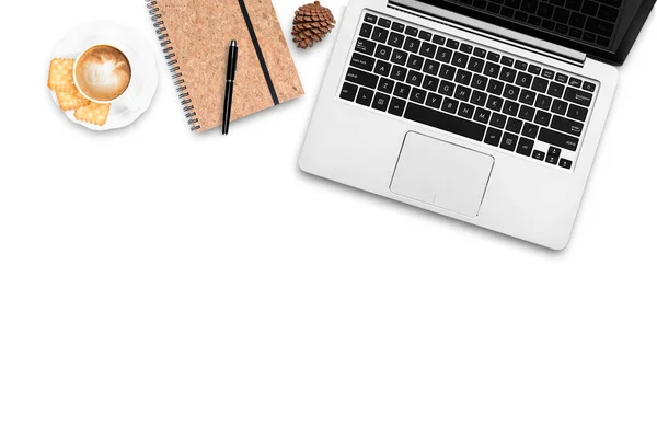 Сверху Вид Рабочего Пространства Ноутбука Кофе Latte Плоской Компоновки Белый — стоковое фото