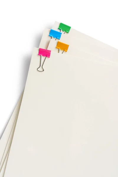 Clipe Colorido Documentos Papel Branco Fundo Branco Isolado — Fotografia de Stock