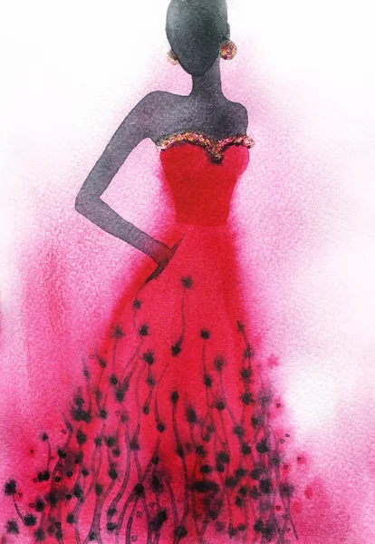 Uma mulher de vestido. Pintura aquarela — Fotografia de Stock