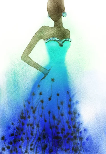 Uma mulher de vestido. Pintura aquarela — Fotografia de Stock