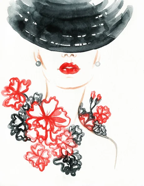 Beautiful Woman Fashion Illustration Watercolor Painting — Stock Photo, Image