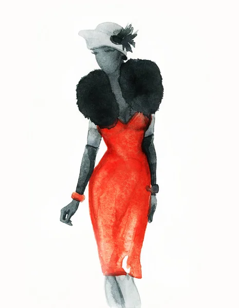 Beautiful Woman Fashion Illustration Watercolor Painting — Stock Photo, Image