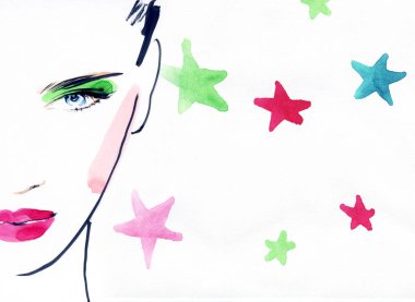 Güzel kadın. Moda çizimi. suluboya resim