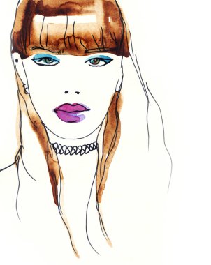 Güzel kadın. Moda çizimi. suluboya resim