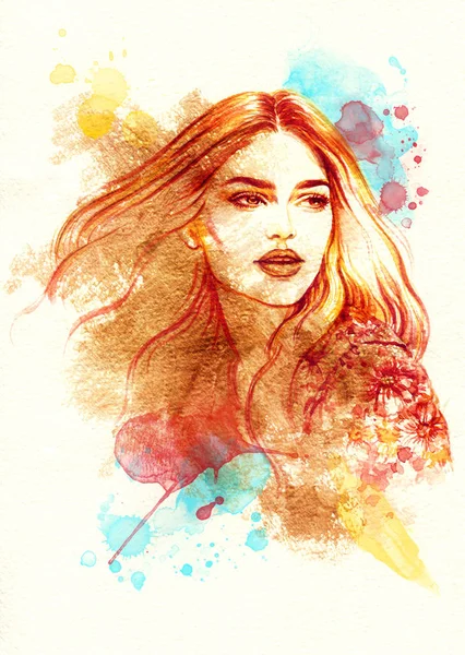 Menina Bonita Ilustração Moda Beleza Pintura Aquarela — Fotografia de Stock