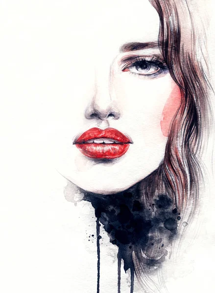 Beautiful Girl Beauty Fashion Illustration Watercolor Painting — 스톡 사진