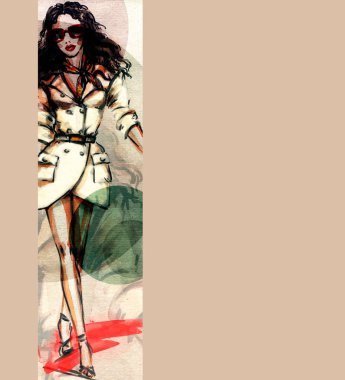 Güzel kadın. Moda çizimi. suluboya resim