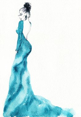 Güzel kadın. Moda çizimi. suluboya resim