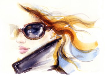 Güzel kadın. Moda çizimi. suluboya resim