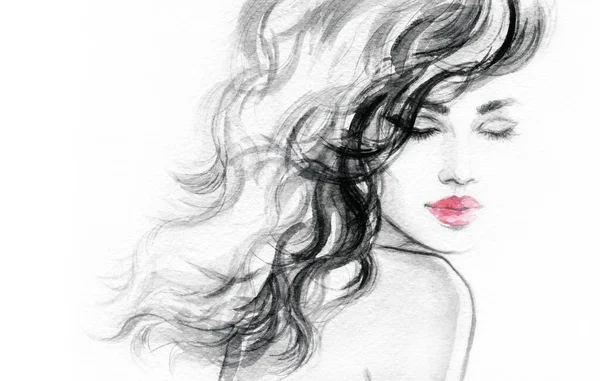 Beautiful Woman Fashion Illustration Watercolor Painting — Stock Photo, Image