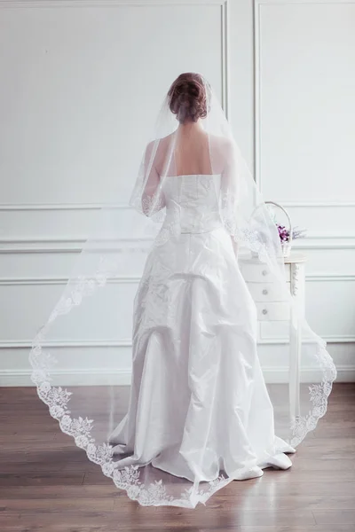 Hermosa novia con peinado de boda de moda - sobre fondo blanco. Retrato de mujer joven. Grabado en estudio. Velo de niña sobre su cara — Foto de Stock