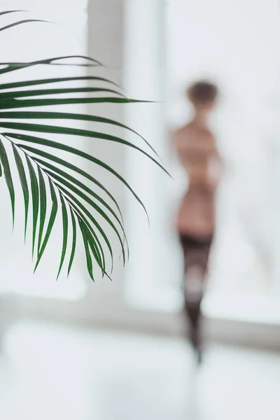 blurred alone woman in lingerie standing near the window