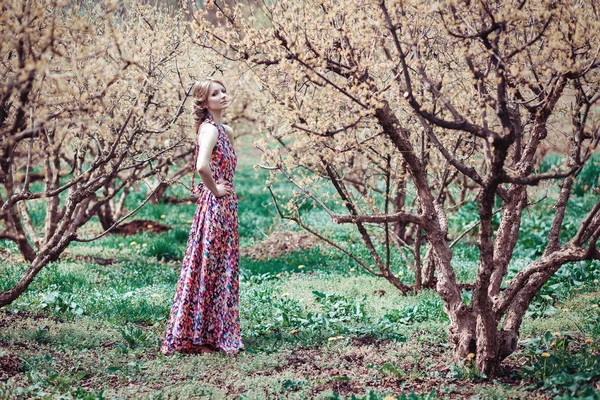 Ritratto di una giovane donna bionda in abito rosa su uno sfondo di alberi in fiore — Foto Stock