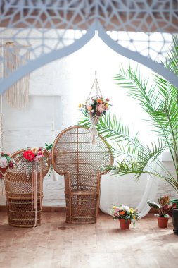 Geleneksel mobilya, halı, Marrakech, Fas, Kuzey Afrika'da bir Arap oda iç görünümü