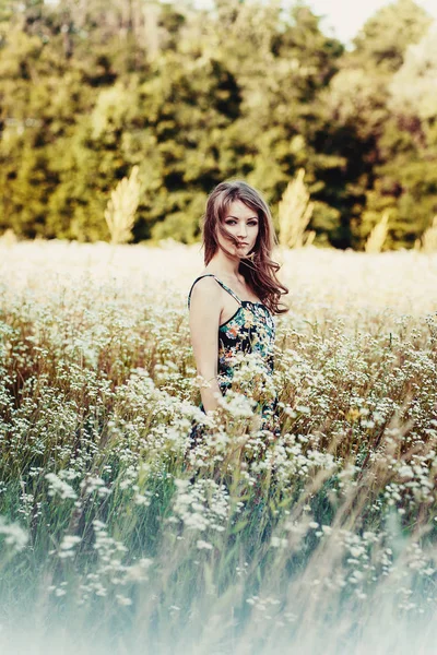 Beautiful girl on the flowers field — Stock Photo, Image
