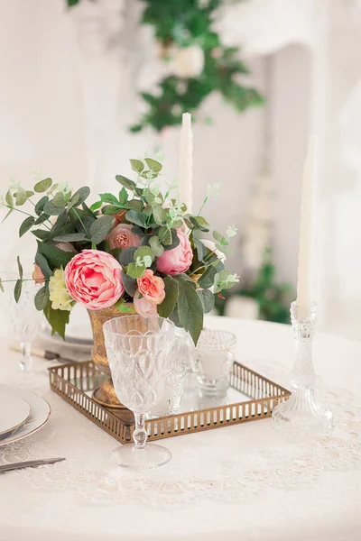 Retro stylized photo of wedding table setting in rustic style — Stock Photo, Image
