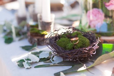 Gelin ve damat yuvadaki halkaları