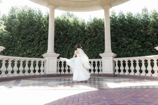 Bella sposa in abito da sposa bianco in piedi di nuovo alla fotocamera in colonne cerchio all'aperto — Foto Stock