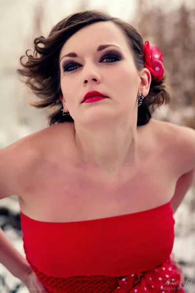 Hermosa chica morena en un vestido rojo posando en un día de invierno al aire libre — Foto de Stock