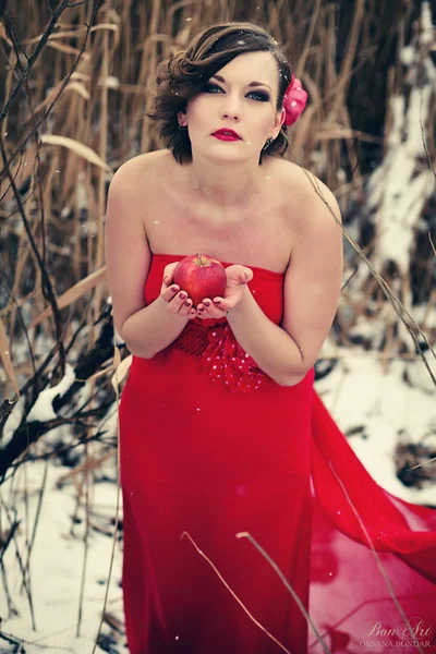 Beautiful model in red dress holding red apple. Standing on snow in forest — Stock Photo, Image