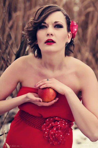 Schönes Modell mit rotem Kleid, schwarzen Absatzschuhen und grünem Portemonnaie, in dem roter Apfel steckt. isoliert auf pastellfarbenem Hintergrund. — Stockfoto