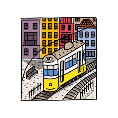 Sokağın kroki tarzda çizilmiş vektör Illustration. Lizbon'da sarı tramvay ve kabataslak evleri ile sessiz. Kartpostal şablonu.