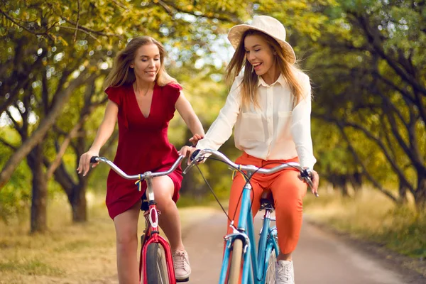 Красивые сестры катаются на велосипедах в парке — стоковое фото