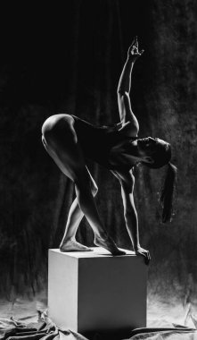 Stüdyoda poz veren sağlıklı vücutlu bir kadının siyah beyaz fotoğrafı.