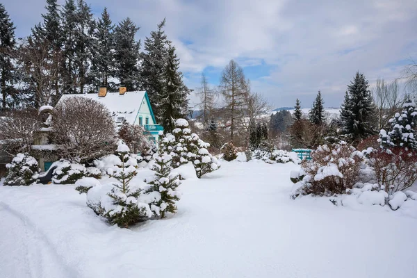 Hermosa casa en el jardín de invierno cubierto de nieve —  Fotos de Stock