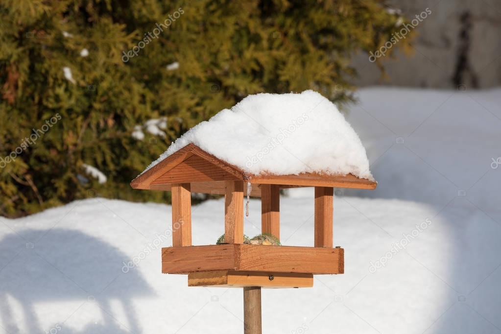 simple birdhouse in winter garden