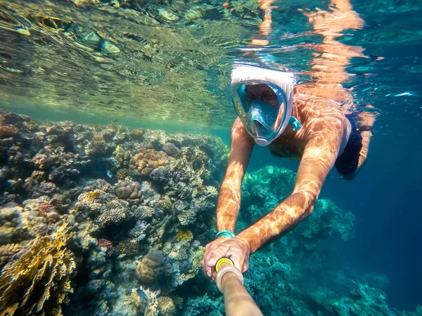 Légzőcső swim sekély vízben korallok hal, Red Sea, Egyiptom — Stock Fotó