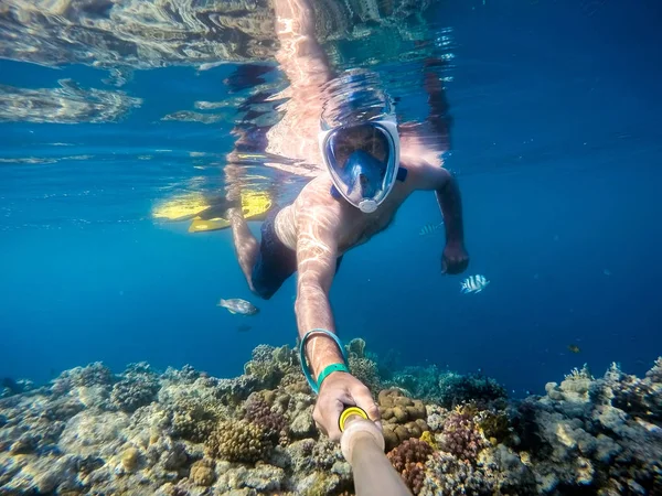 Légzőcső swim sekély vízben korallok hal, Red Sea, Egyiptom — Stock Fotó