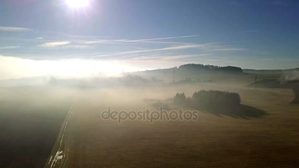 Aerial Dimmiga Morgon Landskap Med Solen Stråla Över Träd Landsbygden — Stockvideo