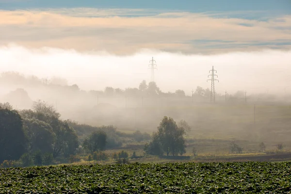 Herbst neblig und neblig Sonnenaufgangslandschaft — Stockfoto