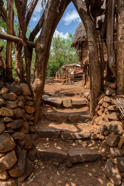 埃塞俄比亚Konso村奇幻的所谓村庄部落的楼梯到房子 — 图库照片
