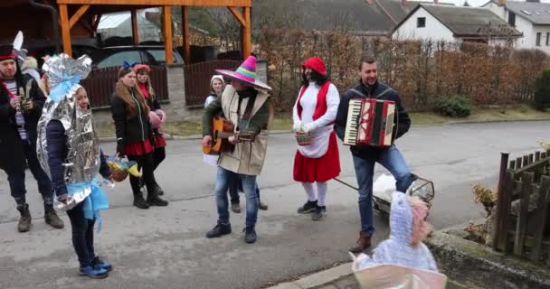 Puklice Tsjechië Maart 2019 Dorpsmensen Met Maskers Met Muzikanten Lopen — Stockvideo