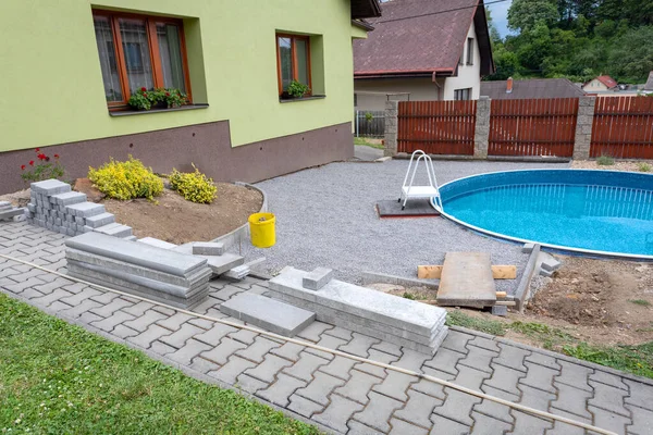 Swimming Pool Construction Replacing Interlocking Pavement Rural Country House — Stock Photo, Image