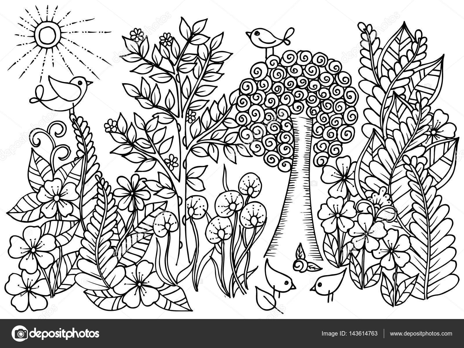 Flowers In Black And White Trees With Birds Doodle Art For Col