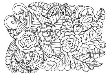Doodle çiçek desenli siyah ve beyaz. Boyama kitabı sayfası