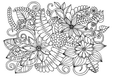 Doodle çiçek desenli siyah ve beyaz. Boyama kitabı sayfası