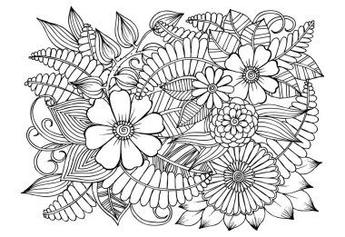 Doodle çiçek desenli siyah ve beyaz. Boyama kitabı sayfası