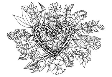 Kalp ve çiçek Çizim vektör doodle. İnvitatio için kullanabileceğiniz