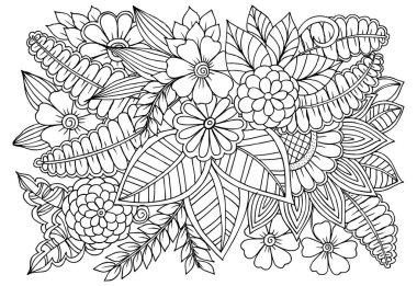 Doodle çiçek desenli siyah ve beyaz. Boyama kitabı sayfası