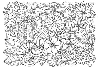 Doodle çiçek desenli siyah ve beyaz. Boyama kitabı sayfası