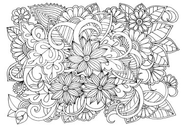 Doodle çiçek desenli siyah ve beyaz. Boyama kitabı sayfası